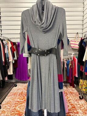 Robbie Bee Gray Ribbed Cowl Neck Long Sleeve Dress with Black Belt